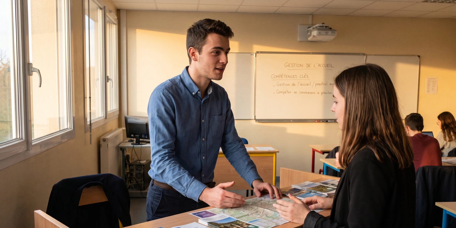 Réussir son BTS Tourisme : cours et programme officiel Un étudiant présente une carte et des brochures touristiques à une camarade dans une salle de classe
